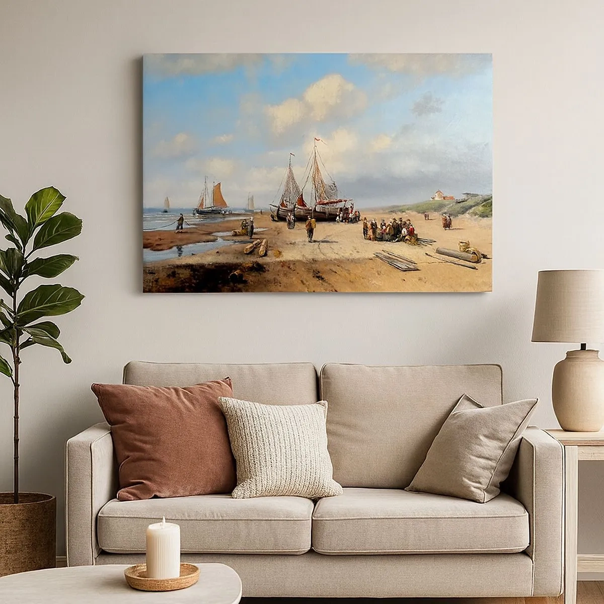 Schilderen op canvas - Vissersboten op het strand met menselijke figuren - 70x50cm - Na een geslaagde vangst - Moderne wanddecoratie voor woonkamer en slaapkamer ARTTOR