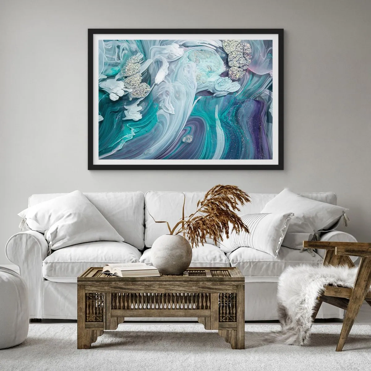 Poster in een zwarte lijst - Stromingen van hemelsblauw - 50x40 cm