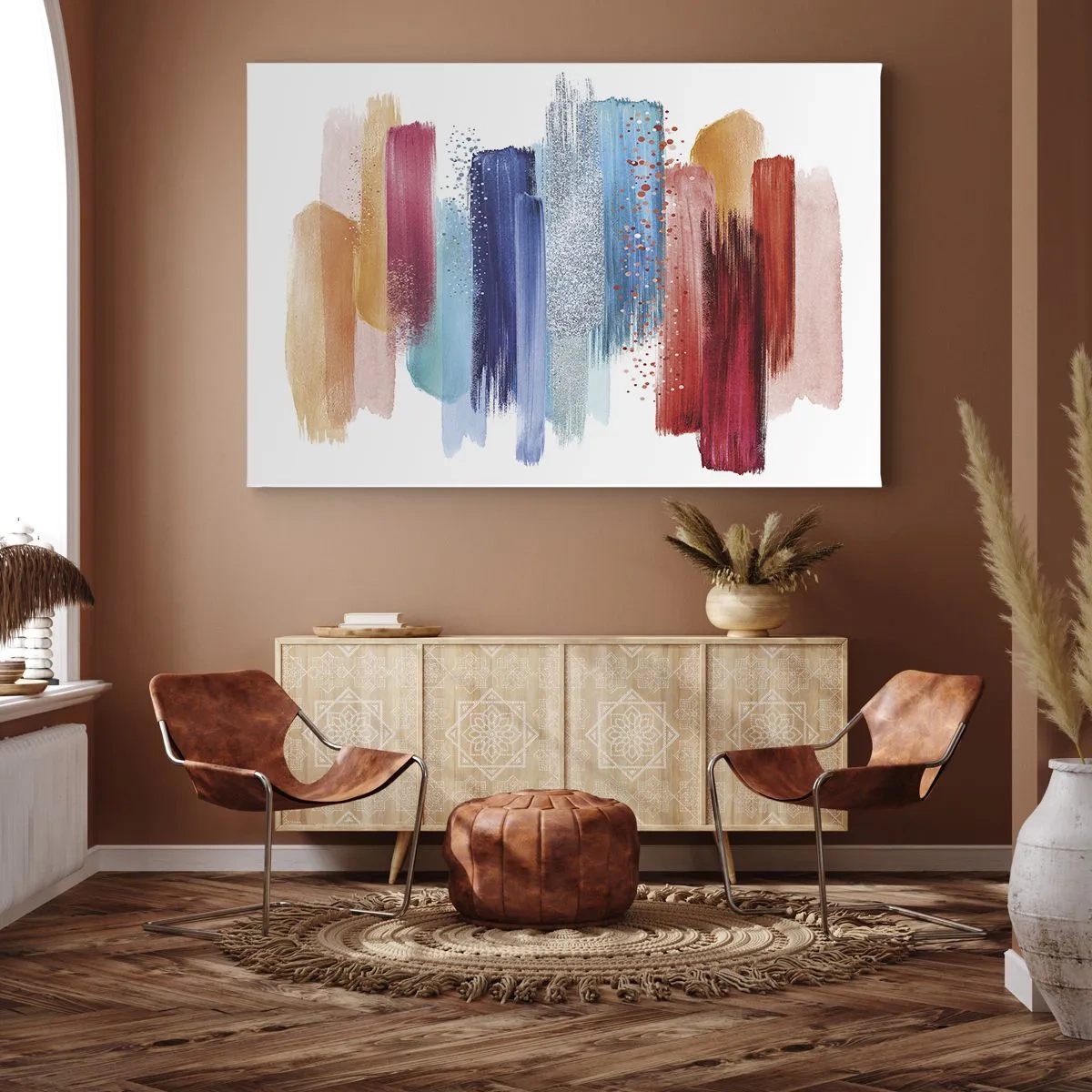 Schilderen op canvas - Kleurrijke penseelstreken op een witte achtergrond - 70x50cm - Omhoog en omlaag - Moderne wanddecoratie voor woonkamer en slaapkamer ARTTOR