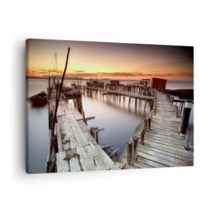 Schilderen op canvas - Houten steigers op kalm water bij zonsondergang - 70x50cm - Authentiek, geen toeristendummy? - Moderne wanddecoratie voor woonkamer en slaapkamer ARTTOR