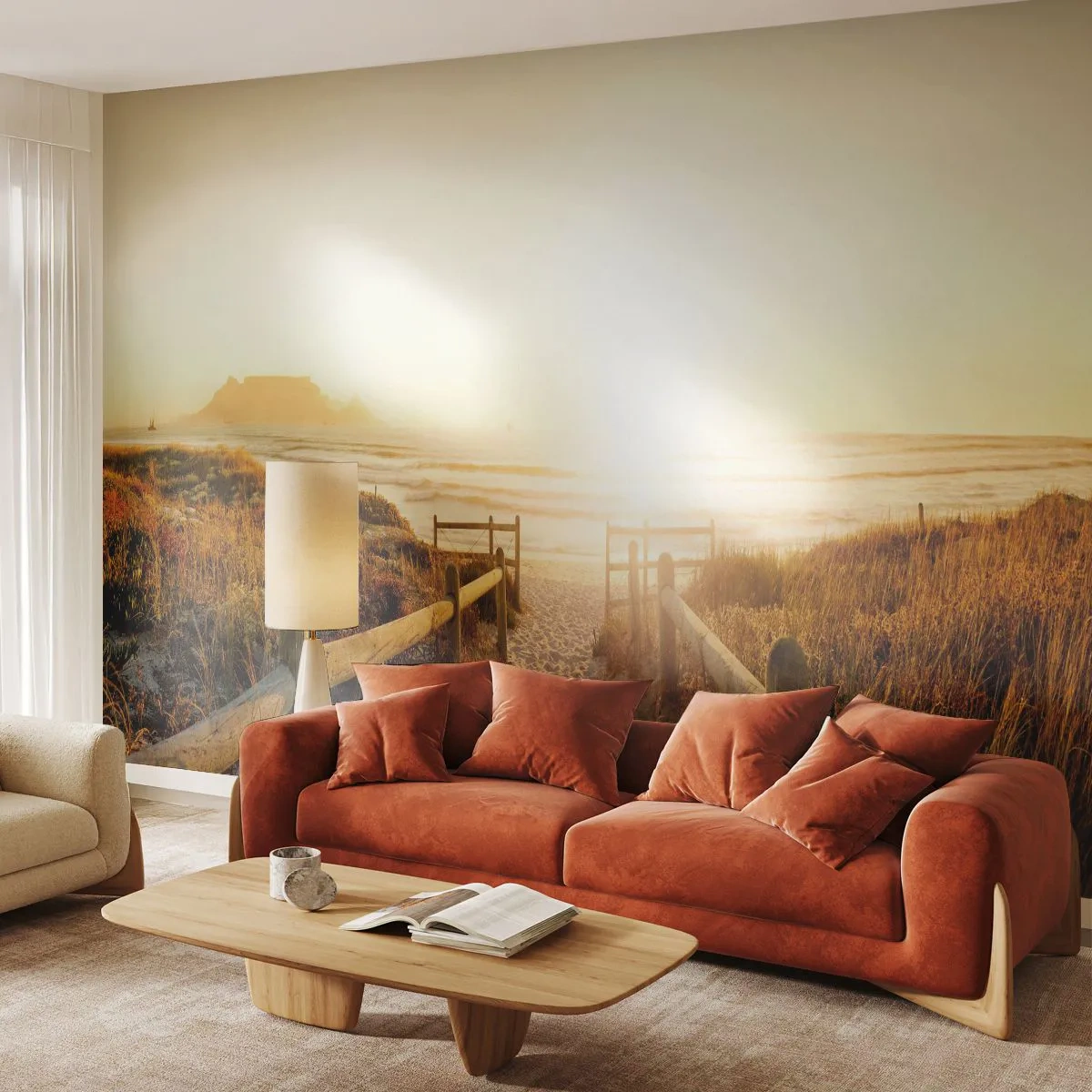 Zelfklevend Fotobehang Deluxe Sticker - Over het duin, richting de zon - Landschap, Strand, Zonsondergang - 250x175 cm