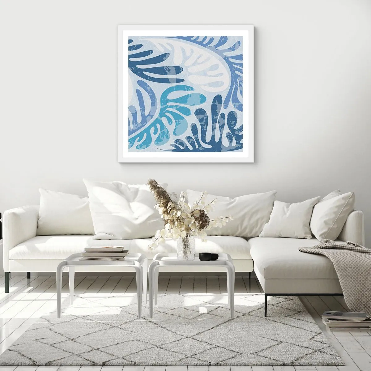 Poster in een witte lijst - Blauwe varens - 50x50 cm