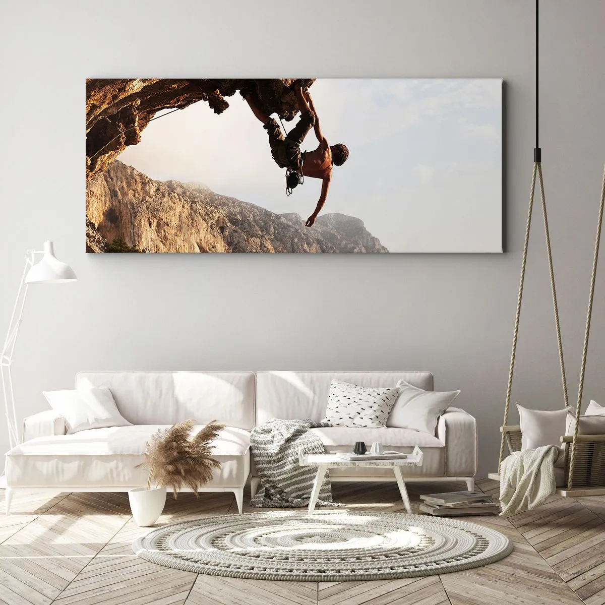 Schilderen op canvas - De wereld gekrompen in een hand op een rotsblok  - 140x50 cm