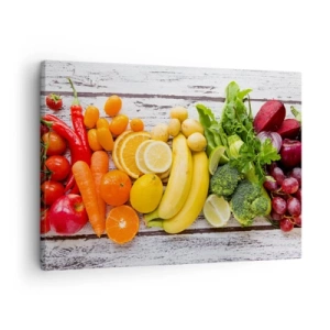 Schilderen op canvas - Kleurrijke groenten en fruit op een houten achtergrond - 70x50cm - Het is niet genoeg? - Moderne wanddecoratie voor woonkamer en slaapkamer ARTTOR