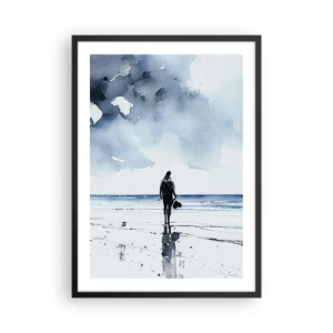 Poster in een zwarte lijst - Aquarellandschap met een figuur op het strand - 50x70cm - Gesprek met de zee - Moderne wanddecoratie voor woonkamer en slaapkamer ARTTOR