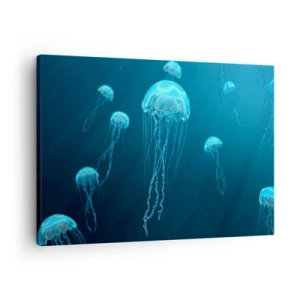 Schilderen op canvas - Kwallen drijven in de diepten van de oceaan in blauwe tinten - 70x50cm - Oceaandans - Moderne wanddecoratie voor woonkamer en slaapkamer ARTTOR