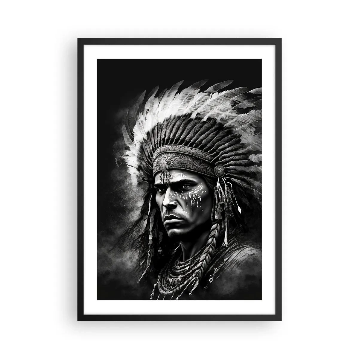 Poster in een zwarte lijst - Portret van een krijger met een traditionele verentooi - 50x70cm - Een leider en strijder - Moderne wanddecoratie voor woonkamer en slaapkamer ARTTOR
