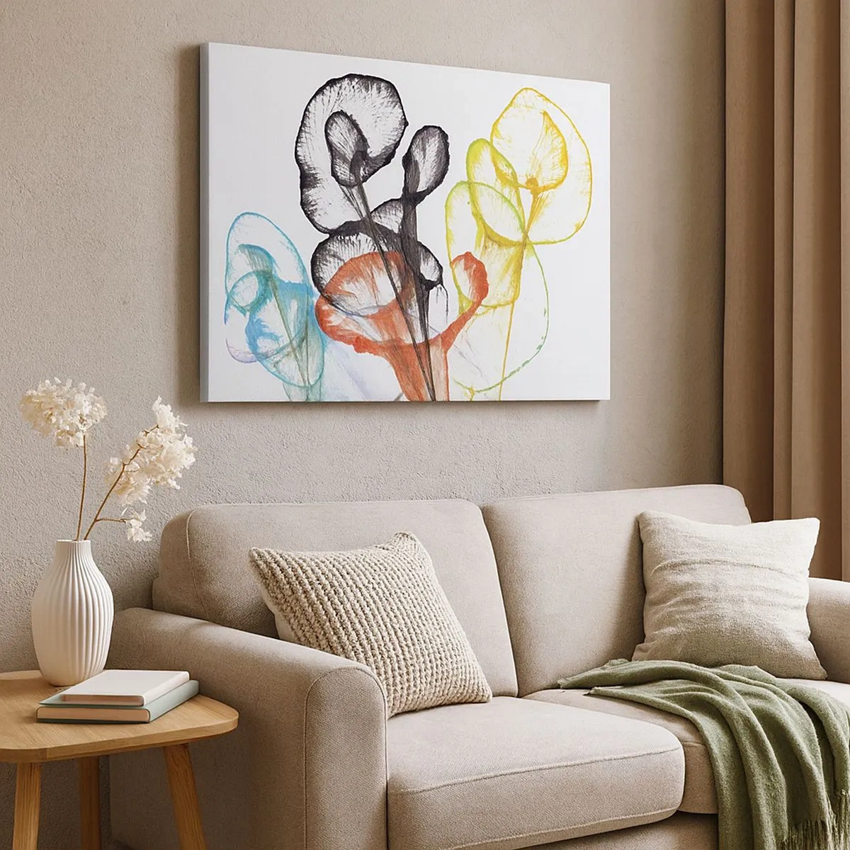 Schilderen op canvas - Kleurrijke transparante bloemen op een witte achtergrond - 70x50cm - Bloemen met een ziel - Moderne wanddecoratie voor woonkamer en slaapkamer ARTTOR