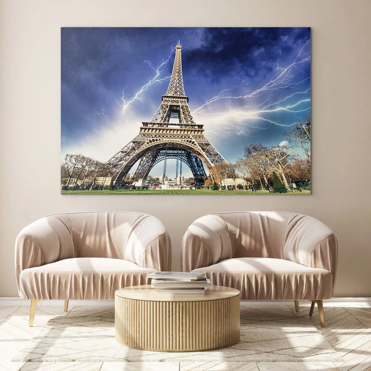 Schilderen op glas - De Eiffeltoren omringd door bliksem op een bewolkte dag - 70x50cm - Heerser van de stormen - Moderne wanddecoratie voor woonkamer en slaapkamer ARTTOR
