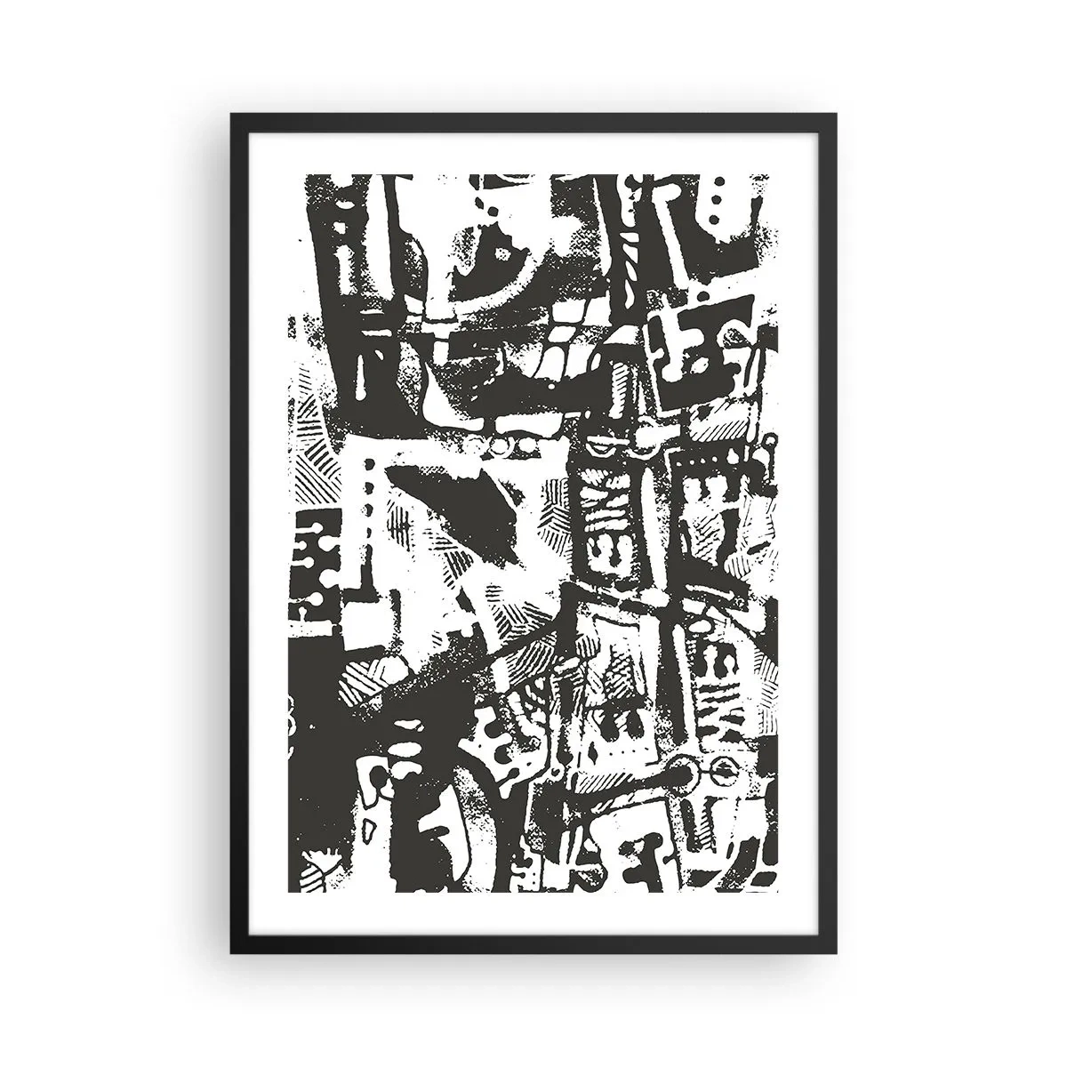 Poster in een zwarte lijst - Zwart-wit abstracte afbeelding met geometrische vormen - 50x70cm - Orde of chaos? - Moderne wanddecoratie voor woonkamer en slaapkamer ARTTOR
