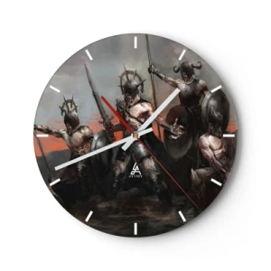 Wandklok - Klok - Een groep gepantserde krijgers met schilden en speren in een dynamische scène - 30x30cm - Met of op een schild - Moderne wanddecoratie voor woonkamer, keuken en slaapkamer ARTTOR