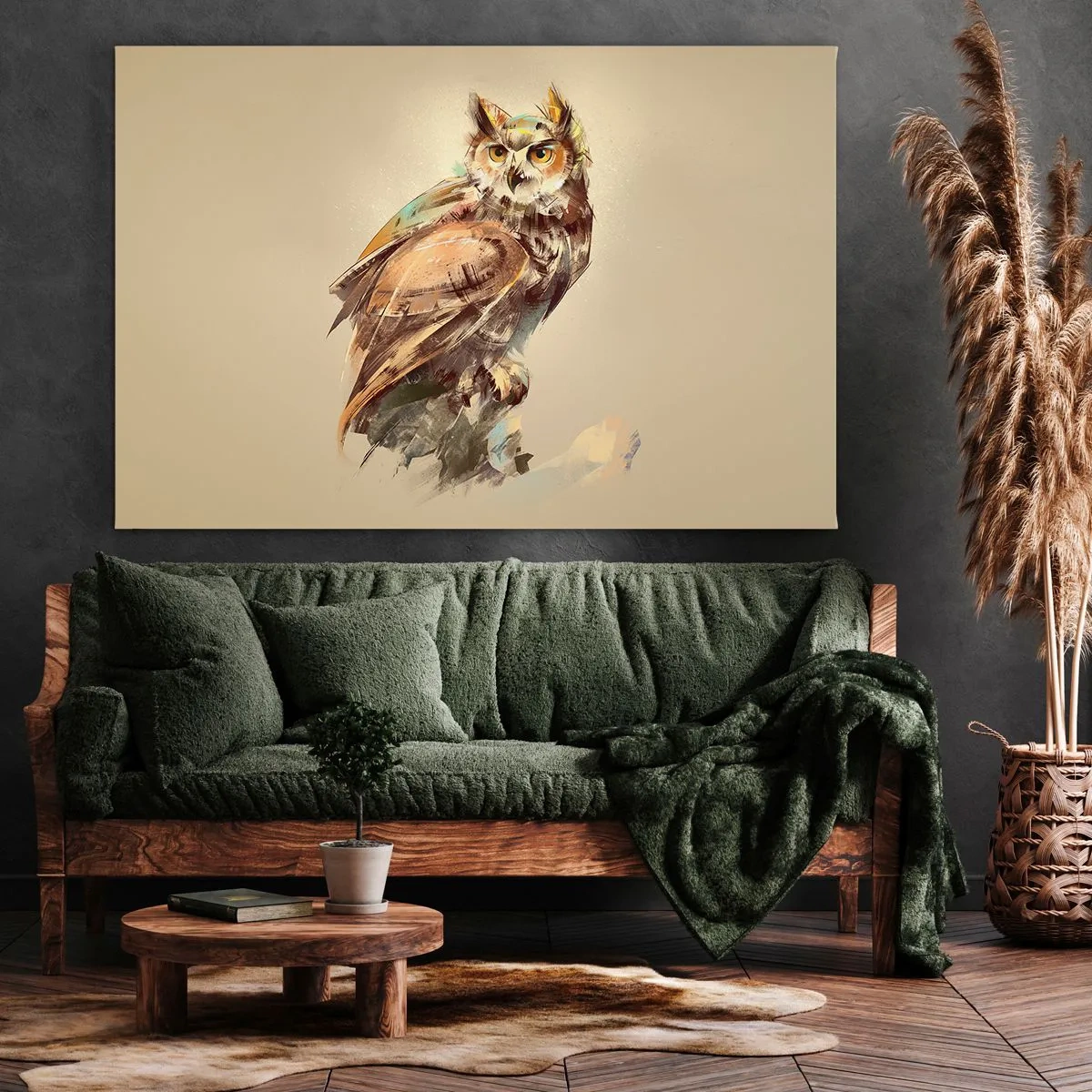 Schilderen op canvas - Artistiek portret van een uil tegen een lichte achtergrond in warme tinten. - 70x50cm - De slimste uil - zal het eikenbos bevestigen - Moderne wanddecoratie voor woonkamer en slaapkamer ARTTOR