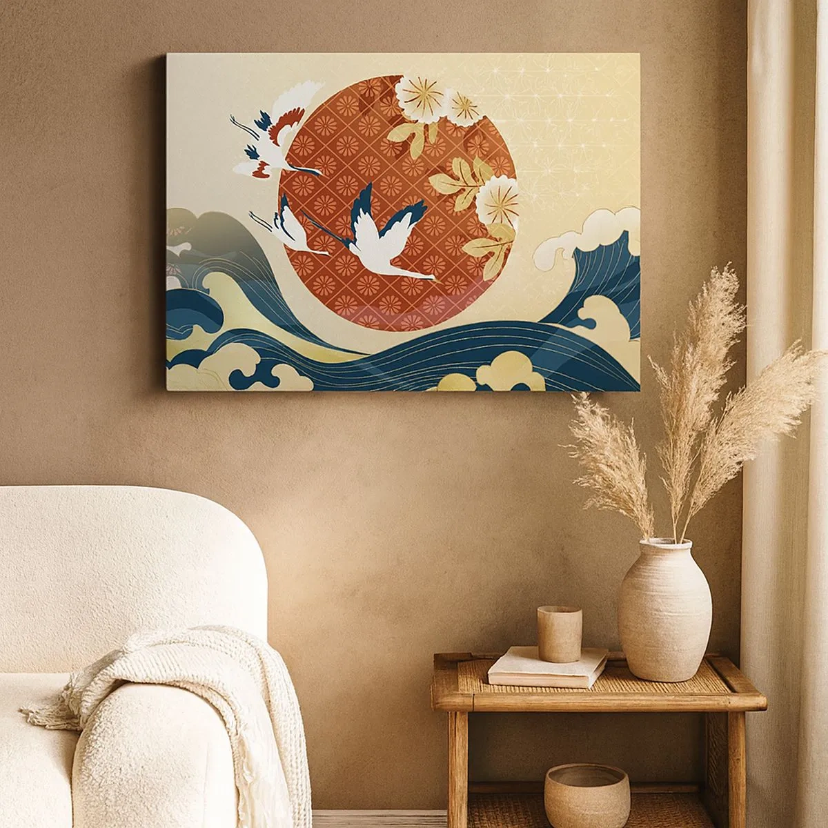 Schilderen op canvas - Japanse compositie met kranen en golven - 70x50cm - Japans sprookje - Moderne wanddecoratie voor woonkamer en slaapkamer ARTTOR