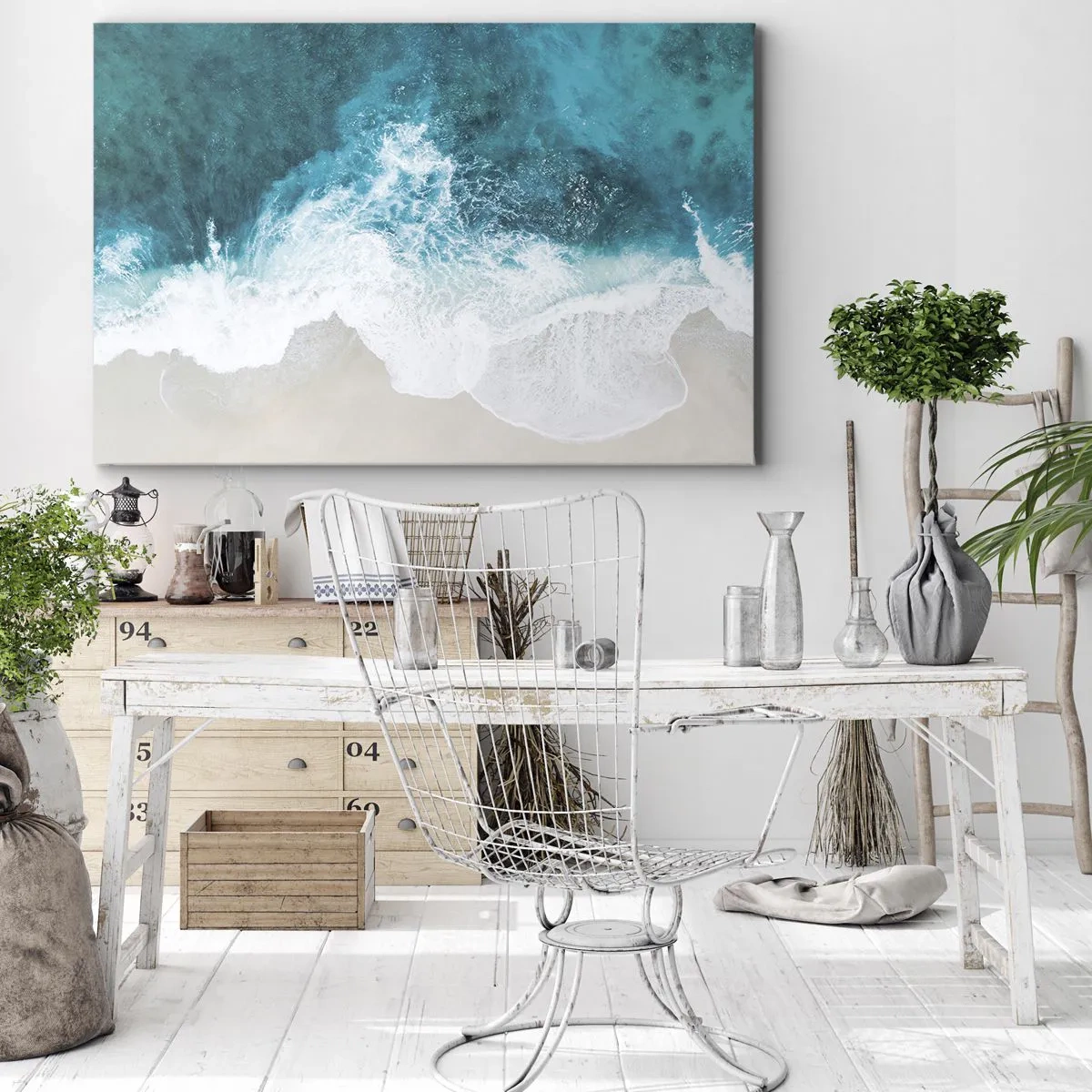 Schilderen op canvas - Turquoise oceaan golven op licht zand - 70x50cm - Natuurlijke streling - Moderne wanddecoratie voor woonkamer en slaapkamer ARTTOR