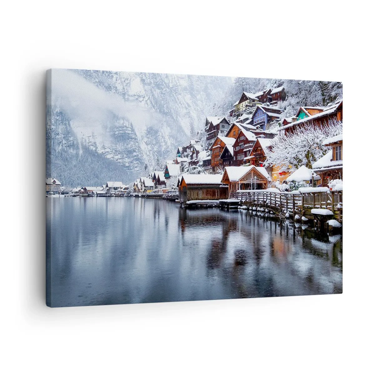 Schilderen op canvas - Wintergezicht van een bergdorp aan het meer - 70x50cm - In winterdecoratie - Moderne wanddecoratie voor woonkamer en slaapkamer ARTTOR