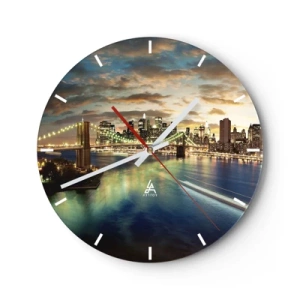 Wandklok - Klok - De skyline van New York City bij zonsondergang met de Brooklyn Bridge - 30x30cm - Een heldere avond boven Manchatan - Moderne wanddecoratie voor woonkamer, keuken en slaapkamer ARTTOR