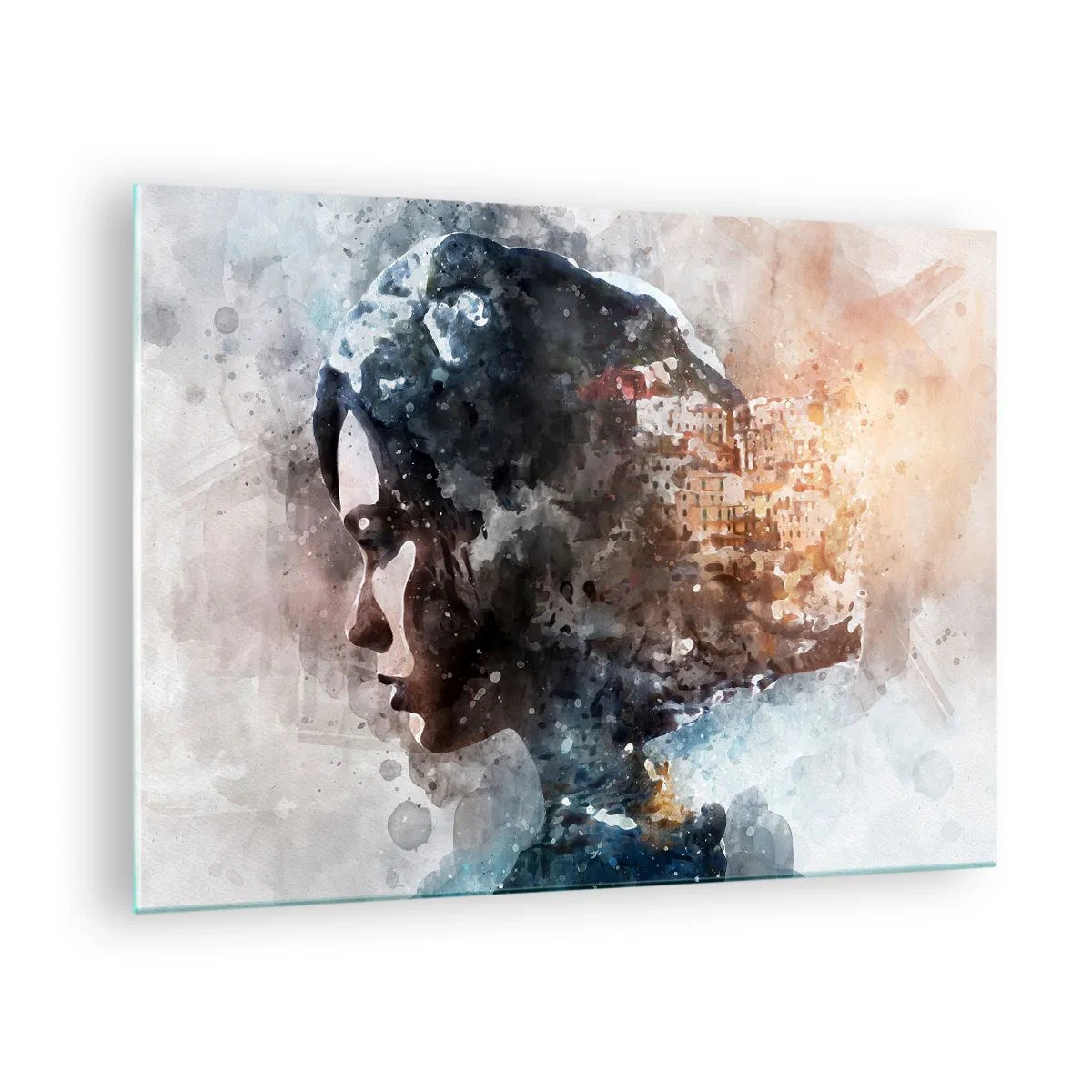 Schilderen op glas - Een aquarelportret van een vrouw met een stad op de achtergrond. - 70x50cm - Een verhaal over een meisje met een stad op de achtergrond - Moderne wanddecoratie voor woonkamer en slaapkamer ARTTOR