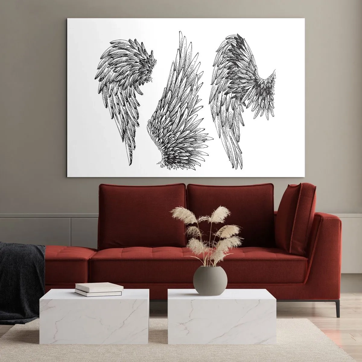 Schilderen op glas - Engelen vleugels in artistieke zwart-wit graphics - 70x50cm - En je kunt een engel worden - Moderne wanddecoratie voor woonkamer en slaapkamer ARTTOR