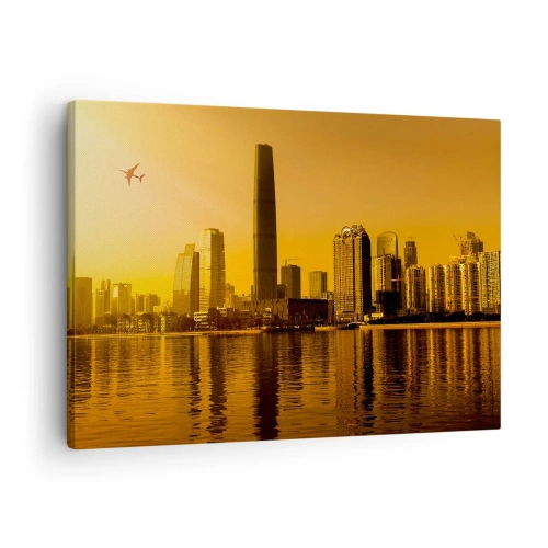 Schilderen op canvas - Stadspanorama bij zonsondergang met wolkenkrabbers en een vliegtuig - 70x50cm - De gouden stad - Moderne wanddecoratie voor woonkamer en slaapkamer ARTTOR