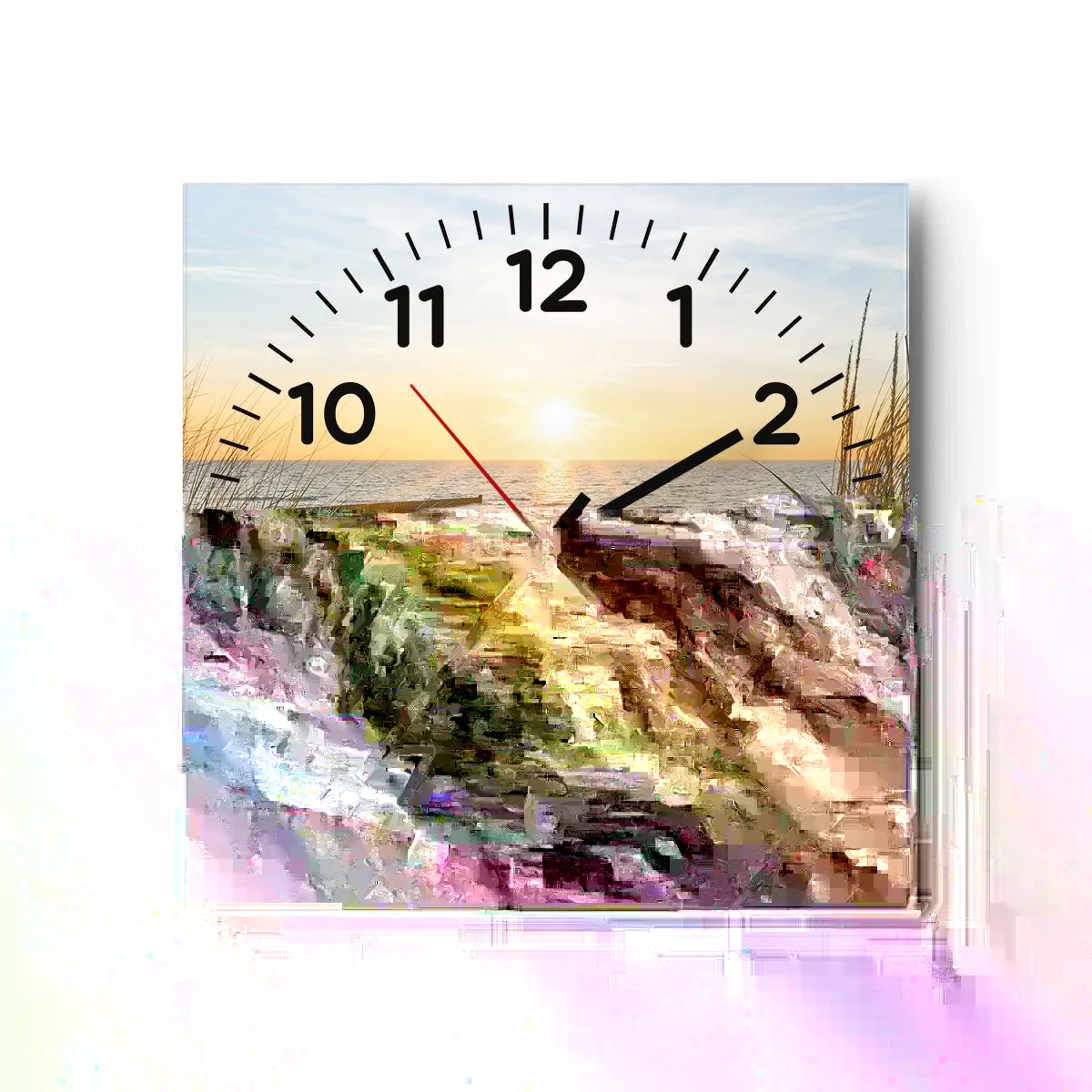 Wandklok - Klok - Het geluid van de zee, het zingen van vogels, een wild strand tussen het gras... - 40x40 cm