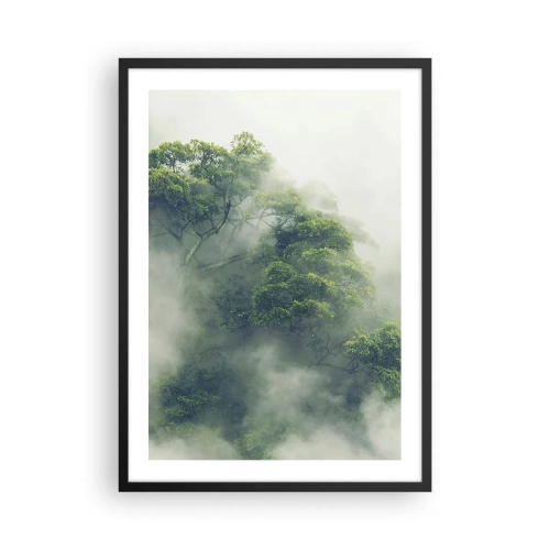Poster in een zwarte lijst - Groene boomtoppen verborgen in dikke, mysterieuze mist - 50x70cm - In mist gehuld - Moderne wanddecoratie voor woonkamer en slaapkamer ARTTOR
