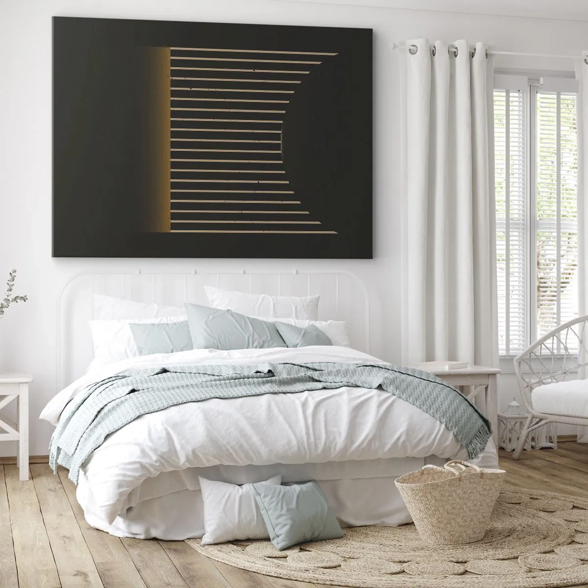 Schilderen op canvas - Geometrisch patroon met strepen op een donkere achtergrond - 70x50cm - Verken de duisternis - Moderne wanddecoratie voor woonkamer en slaapkamer ARTTOR