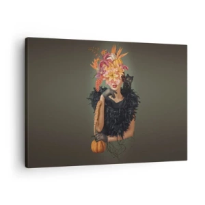 Schilderen op canvas - Portret van een vrouw met herfstmotieven en een kat - 70x50cm - De spreuk van een heks - Moderne wanddecoratie voor woonkamer en slaapkamer ARTTOR