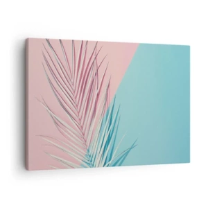 Schilderen op canvas - Tropisch blad tegen een achtergrond van pasteltinten roze en blauw - 70x50cm - Tropische impressie - Moderne wanddecoratie voor woonkamer en slaapkamer ARTTOR
