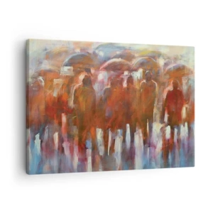 Schilderen op canvas - Een groep mensen met paraplu's in een regenachtige, artistieke omgeving - 70x50cm - Zelfs bij regen en mist - Moderne wanddecoratie voor woonkamer en slaapkamer ARTTOR