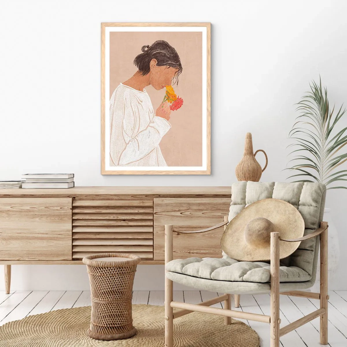 Een poster in een licht eiken lijst - Meisje en bloemen - 70x100 cm
