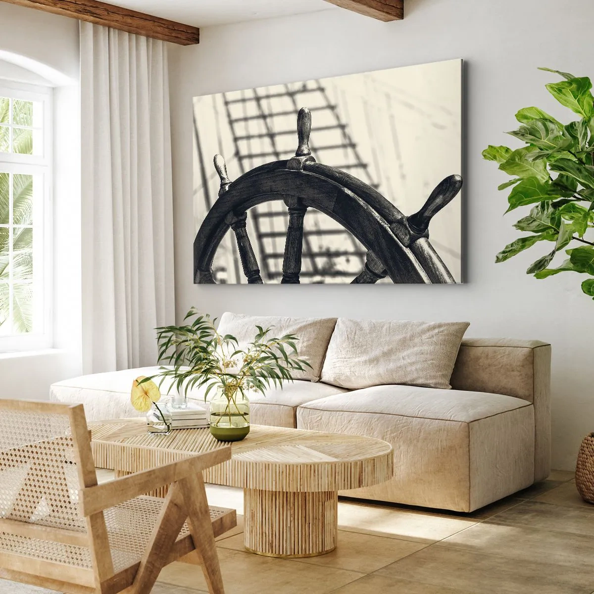 Schilderen op canvas - Een zeilroer in retrostijl met een schip op de achtergrond - 70x50cm - Zeeverhalen - Moderne wanddecoratie voor woonkamer en slaapkamer ARTTOR