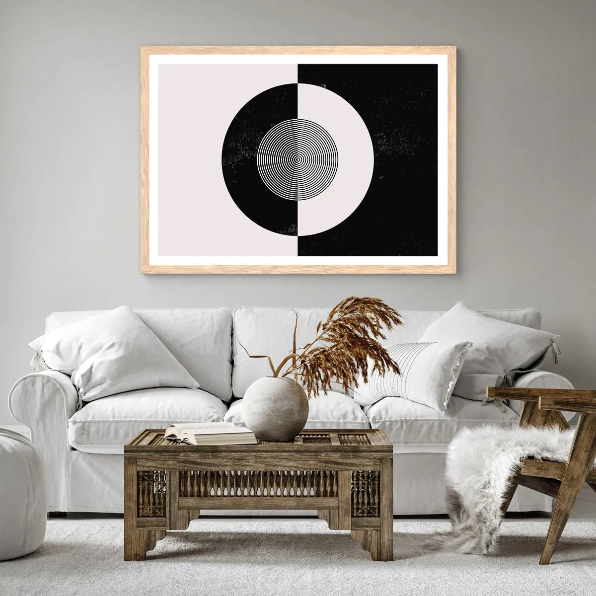Een poster in een licht eiken lijst - Harmonie in zwart-wit - 100x70 cm