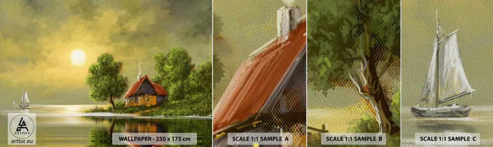 Fotobehang Monster Premium Sand - Mooi, als een foto - Landschap, Landhuis, Zeilboot - 100x30 cm