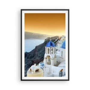 Poster in een zwarte lijst - Santorini - genesteld tegen de rotsen - 61x91 cm