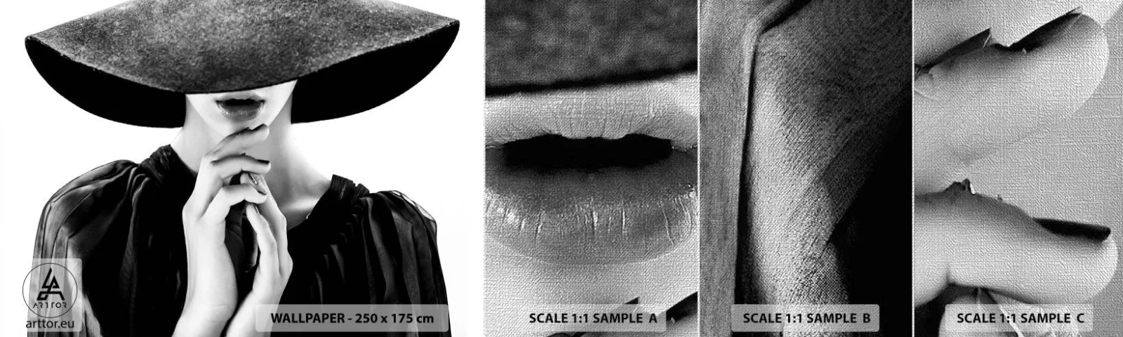 Fotobehang Monster Premium Canvas - Verborgen schoonheid - Vrouw In Een Hoed, Dameshanden, Mode - 100x30 cm