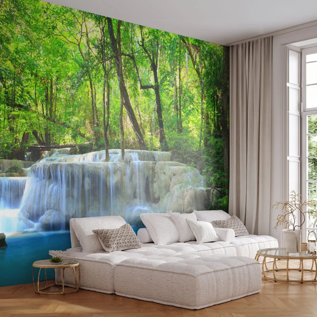 Fotobehang Premium Canvas - Verdrinken in turkoois en groen - Landschap, Waterval, Cascade - 250x175 cm