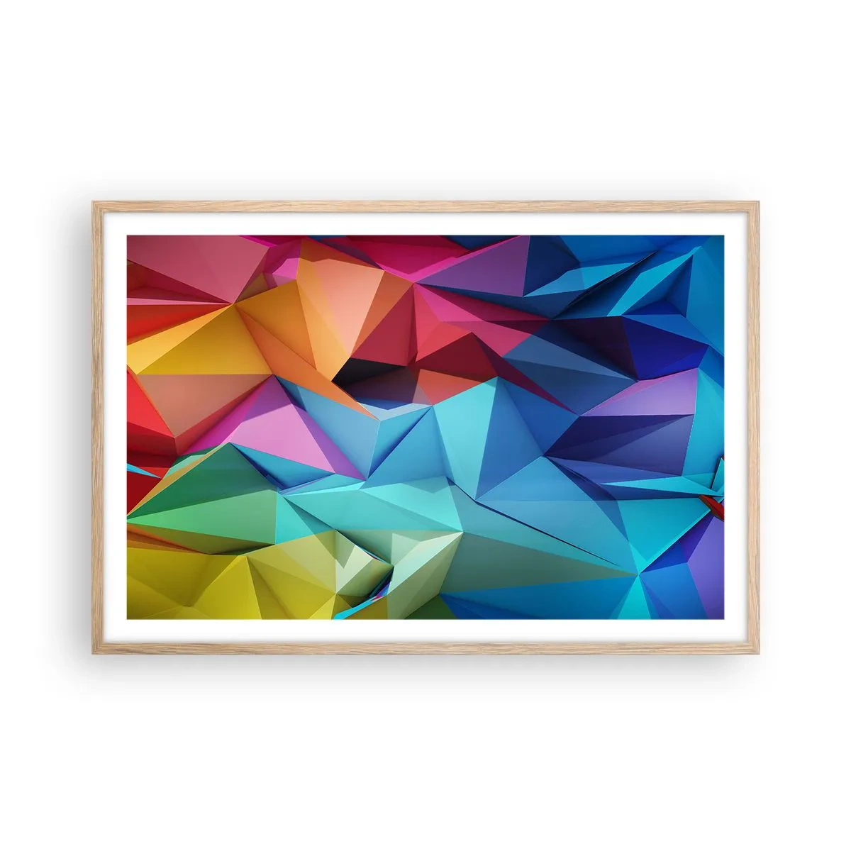Een poster in een licht eiken lijst - Regenboog origami - 91x61 cm