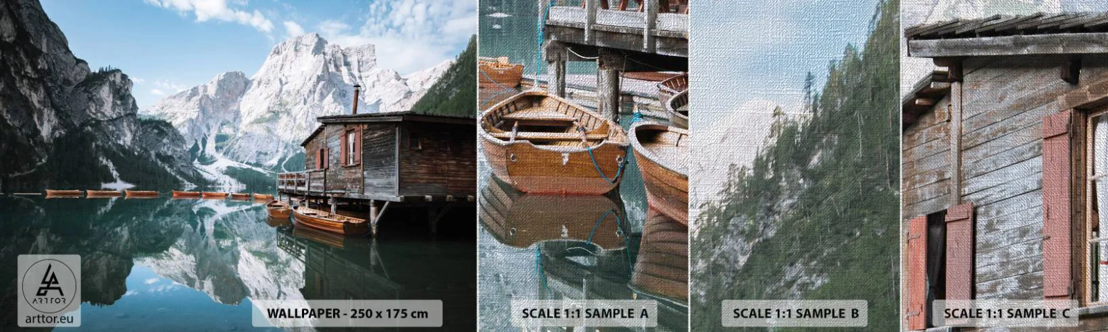 Fotobehang Monster Premium Canvas - Een kristalheldere bergochtend - Berglandschap, Zon, Meer - 100x30 cm