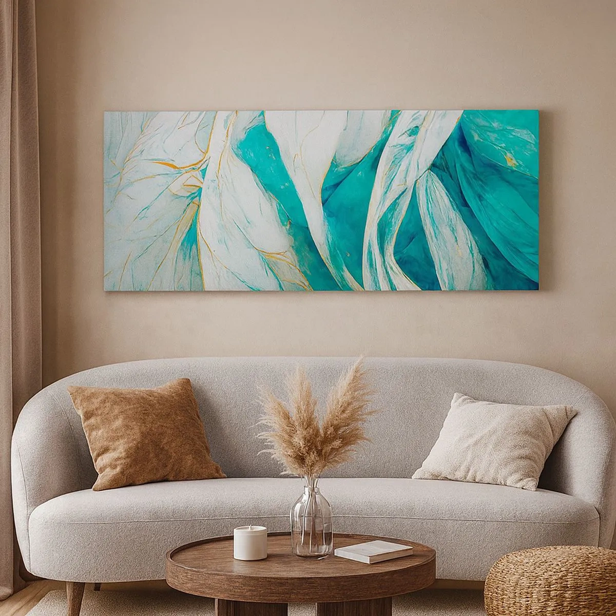 Schilderen op canvas - Blauwe abstractie met een gouden motief - 100x40 cm