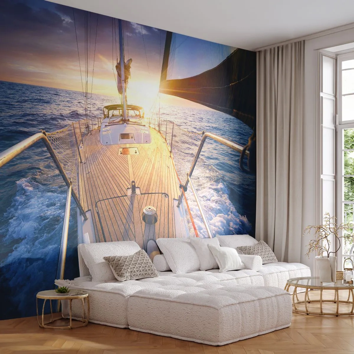 Fotobehang Premium Canvas - Lopend op de golven - Zeiljacht, Zee, het zeilen - 450x315 cm