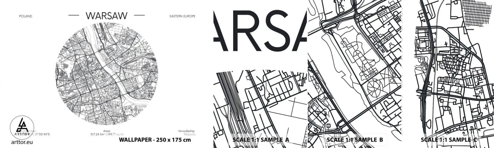 Fotobehang Staaltje Standard Eco - Anatomie van Warschau - Kaart, Warschau, Polen - 100x30 cm