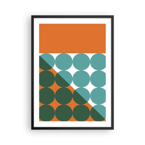 Poster in een zwarte lijst - Abstracte geometrische compositie met cirkels in tinten oranje en groen. - 50x70cm - Omhoog en diagonaal - Moderne wanddecoratie voor woonkamer en slaapkamer ARTTOR