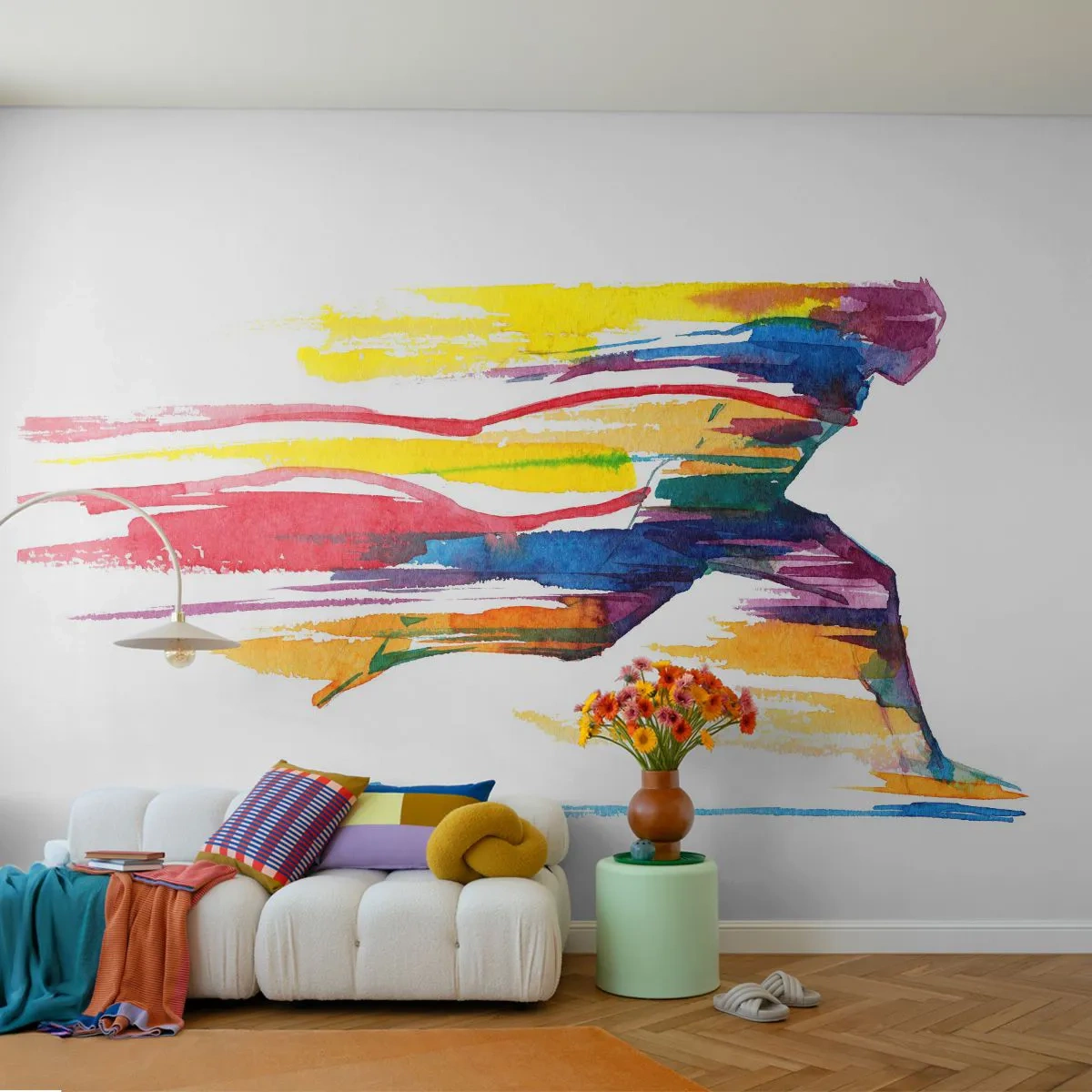 Fotobehang Standard Eco - Rennend over de regenboog - Abstractie, Sport, Loper - 500x350 cm