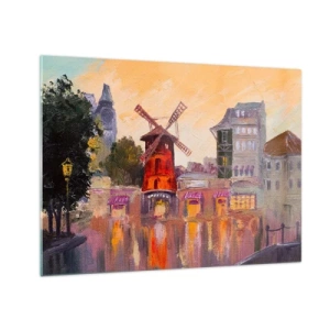 Schilderen op glas - De rode molen van de Moulin Rouge tussen de Parijse huurkazernes - 70x50cm - Parijse iconen – Moulin Rouge - Moderne wanddecoratie voor woonkamer en slaapkamer ARTTOR