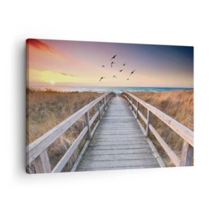 Schilderen op canvas - Houten steiger die naar het strand leidt bij zonsondergang - 70x50cm - De ruimte voor opvliegen - Moderne wanddecoratie voor woonkamer en slaapkamer ARTTOR