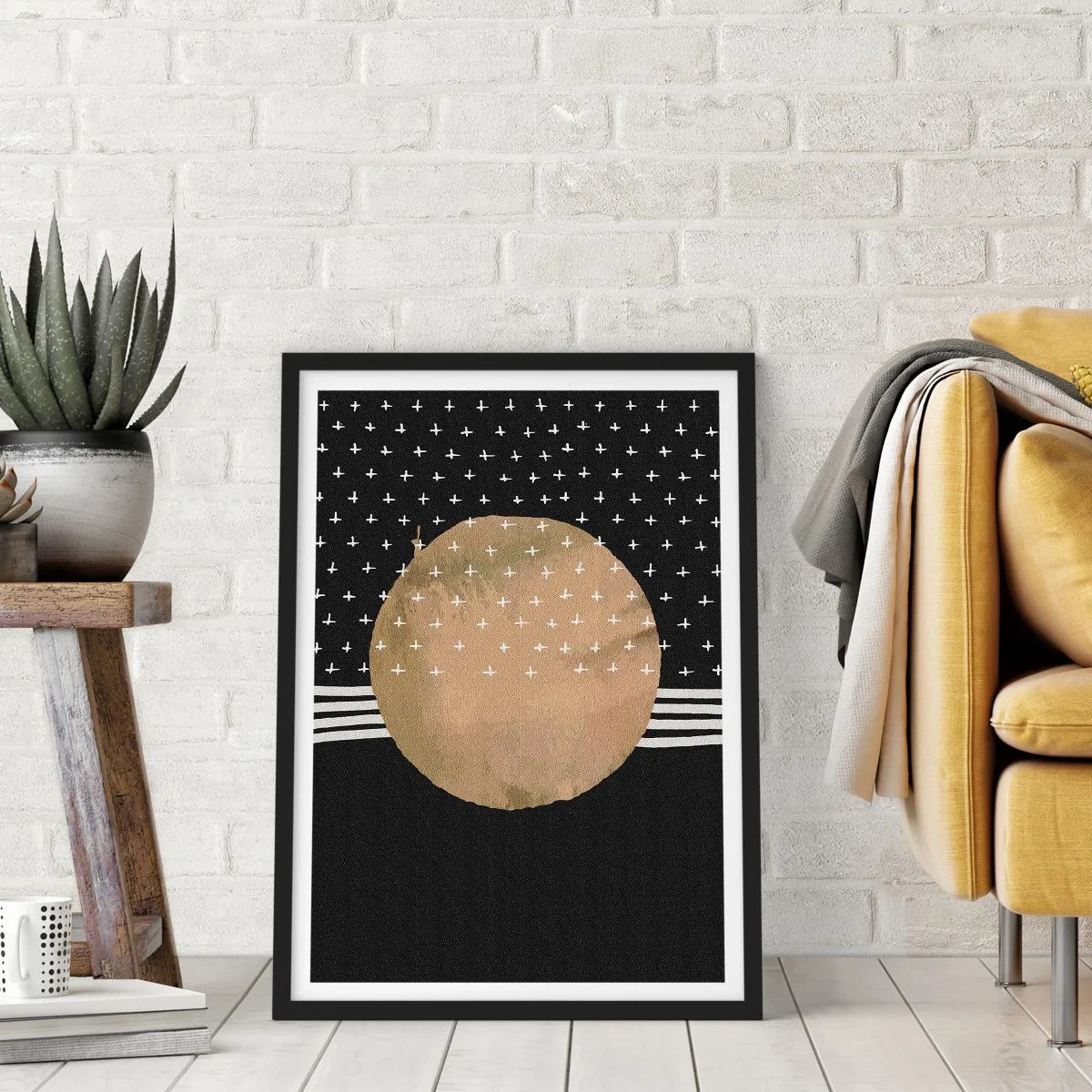 Poster in een zwarte lijst - Abstracte gouden bal op een zwarte achtergrond met patronen - 50x70cm - Samenstelling: galaxy-vlag - Moderne wanddecoratie voor woonkamer en slaapkamer ARTTOR
