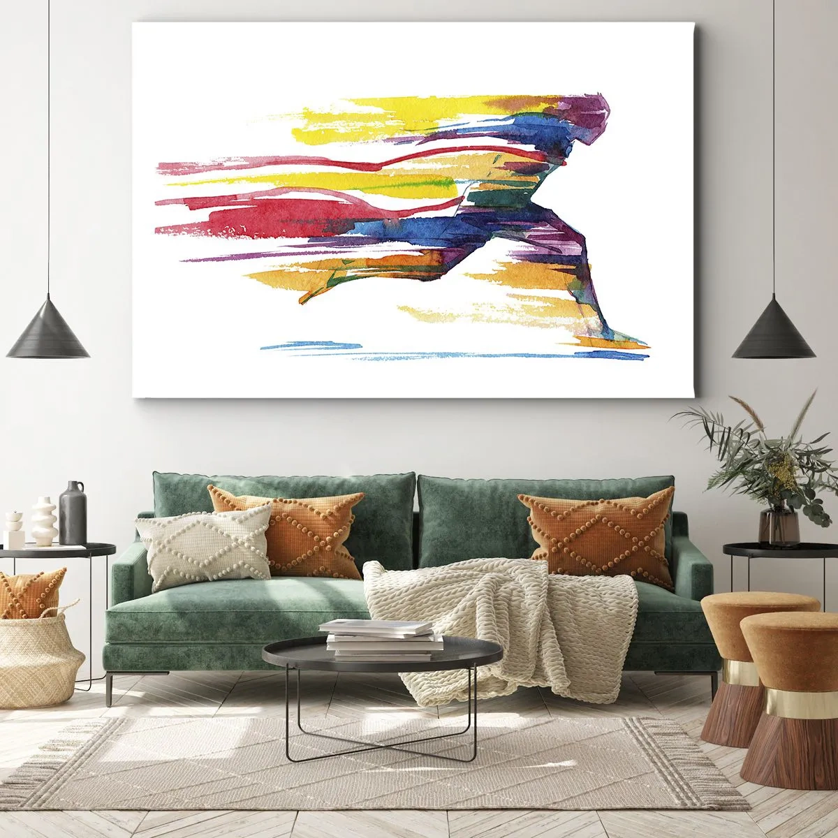 Schilderen op canvas - Een hardloper in abstracte kleuren die dynamiek en energie symboliseren - 70x50cm - Rennend over de regenboog - Moderne wanddecoratie voor woonkamer en slaapkamer ARTTOR