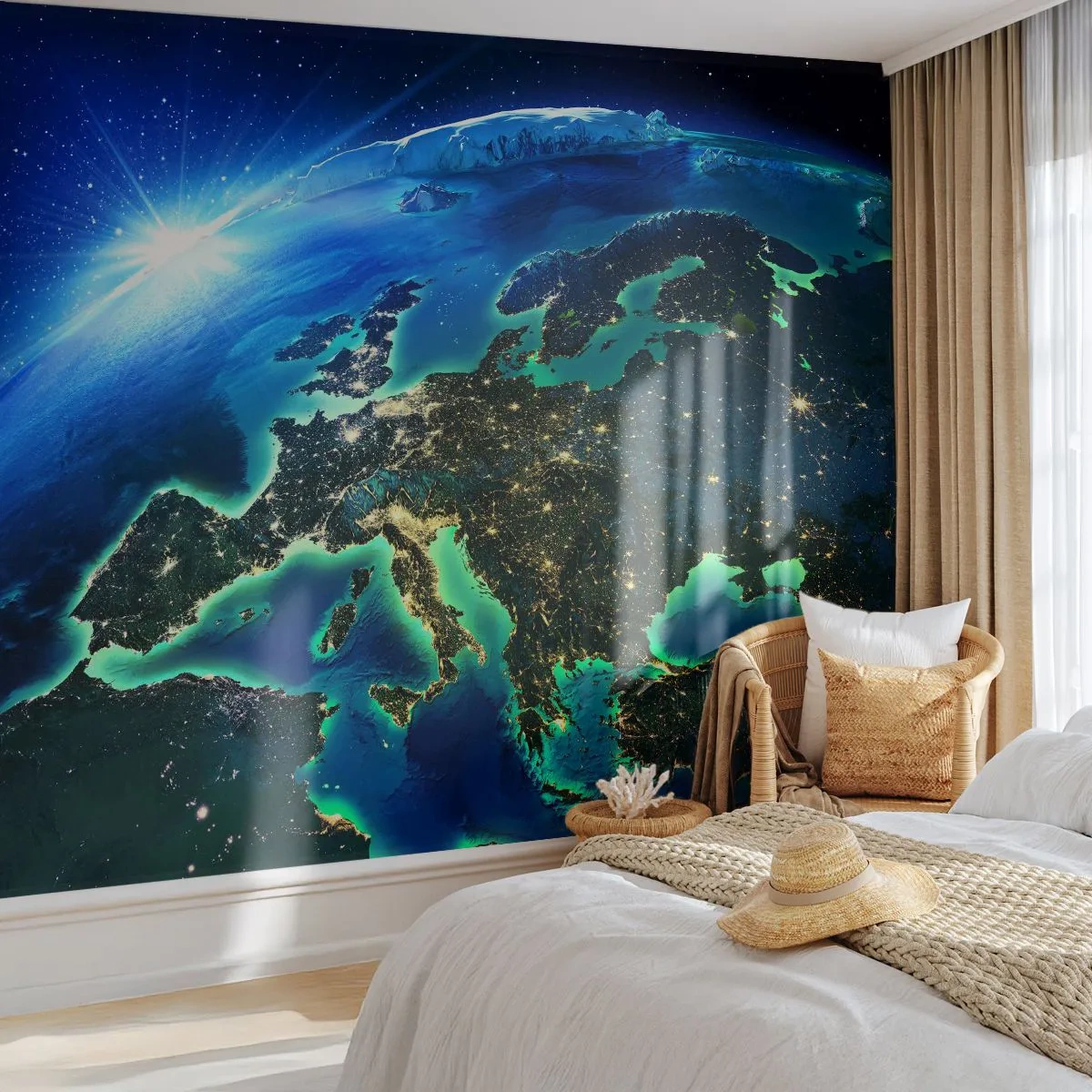 Fotobehang Standard Eco - Sprankelend Europa - Kosmos, Planeet aarde, Continenten - 500x350 cm