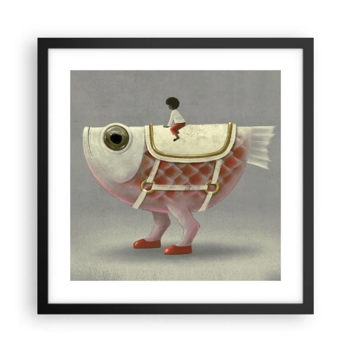 Poster in een zwarte lijst - Ruiter op een surrealistische vis - 40x40 cm