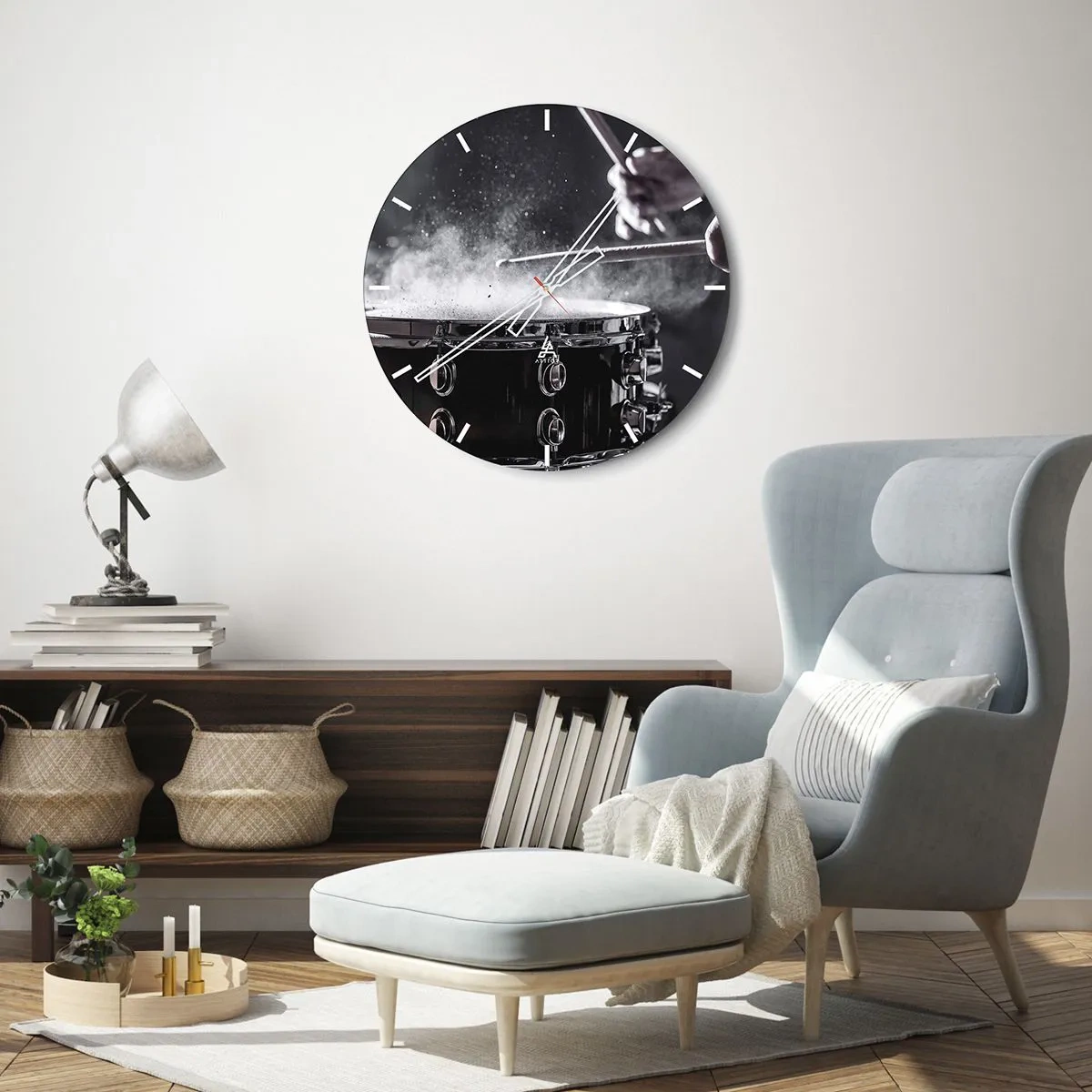 Wandklok - Klok - Drums in actie, met stof dat rondvliegt als ze erop slaan - 30x30cm - De pols van de muziek - Moderne wanddecoratie voor woonkamer, keuken en slaapkamer ARTTOR